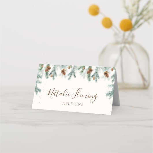 Winter Greenery Pine Branches Cones Wedding Platzkarte (Vorderseite)