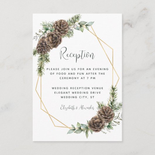 Winter Greenery Pine Cone Hochzeit Empfang Begleitkarte (Vorderseite)
