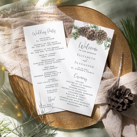 Winter Greenery Pine Cone Wedding Programm
