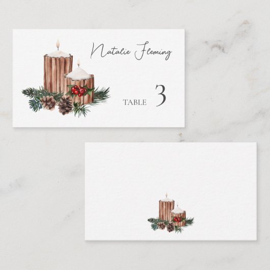 Winter Greenery Pine Cones Candle Red Berry Platzkarte (Vorne/Hinten)