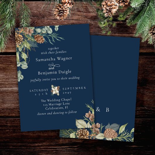 Winter Greenery Pine Navy Blauer Elegant Hochzeit Einladung
