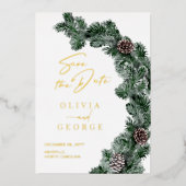 Winter Greenery Pinecone Weihnachten Save the Date Folieneinladung (Vorderseite)