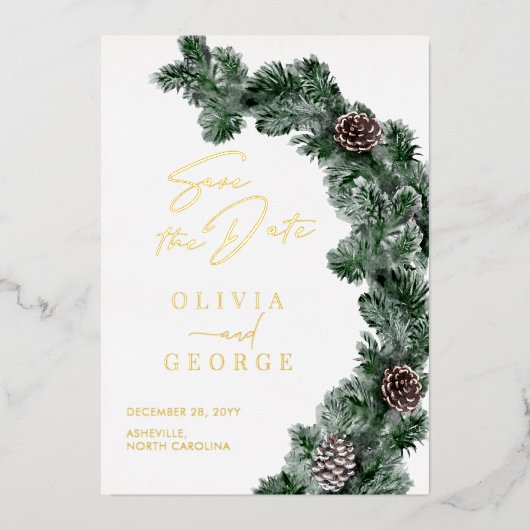 Winter Greenery Pinecone Weihnachten Save the Date Folieneinladung (Vorderseite)