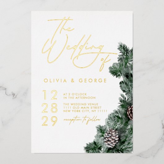 Winter Greenery Pinecone Weihnachtsfeier Hochzeit Folieneinladung (Vorderseite)