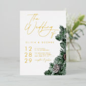 Winter Greenery Pinecone Weihnachtsfeier Hochzeit Folieneinladung (Stehend vorne)