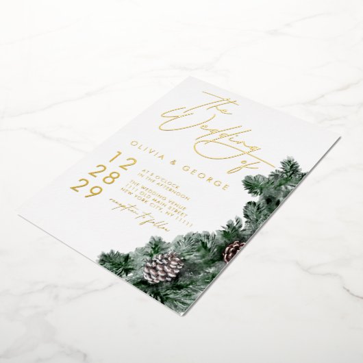 Winter Greenery Pinecone Weihnachtsfeier Hochzeit Folieneinladung (Gedreht)