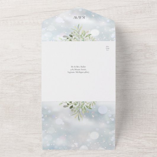 Winter Greenery QR Code Monogram Wedding All In One Einladung (Außenbereich)