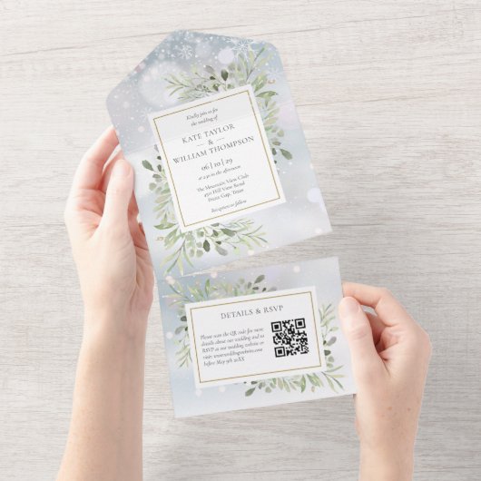 Winter Greenery QR Code Monogram Wedding All In One Einladung (Abreißen)