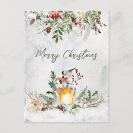 Winter Greenery Red Berry Bird Weihnachtskarte Postkarte