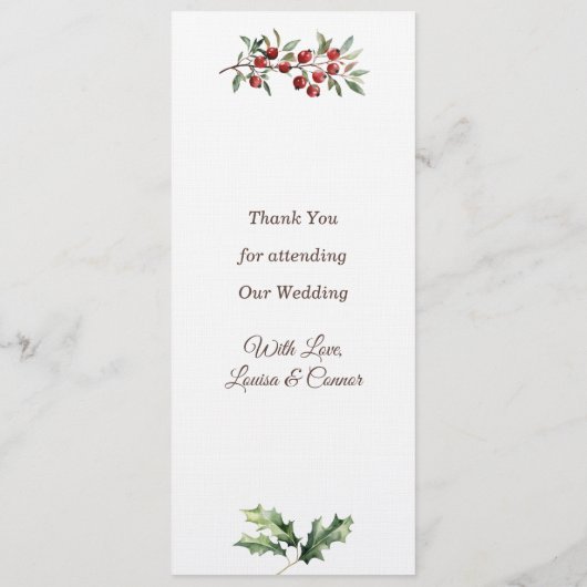 Winter Greenery Red Berry Wedding Menu Menükarte (Rückseite)