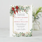 Winter Greenery Red Bow Bells Rustic Frame Wedding Einladung (Stehend Vorderseite)