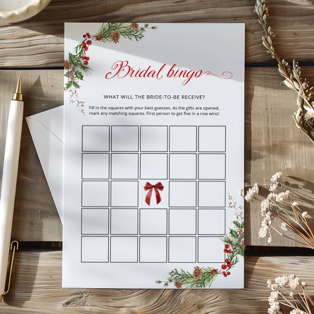 Winter Greenery Red Bow Bridal Bingo game (Von Creator hochgeladen)