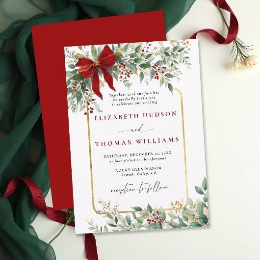 Winter Greenery Red Bow Rustic *Gold Frame Wedding Einladung