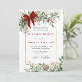 Winter Greenery Red Bow Rustic *Gold Frame Wedding Einladung (Stehend Vorderseite)