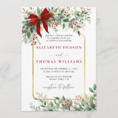 Winter Greenery Red Bow Rustic *Gold Frame Wedding Einladung (Vorderseite)