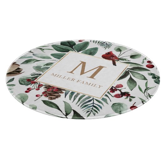 Winter Greenery Red Happy Holidays Monogram Schneidebrett (Ecke)
