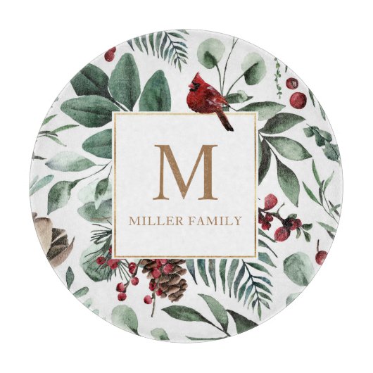 Winter Greenery Red Happy Holidays Monogram Schneidebrett (Vorderseite)
