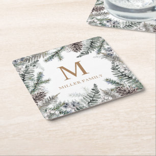 Winter Greenery Red Holiday Monogram Rechteckiger Pappuntersetzer