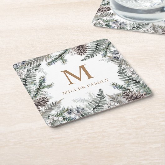 Winter Greenery Red Holiday Monogram Rechteckiger Pappuntersetzer (angewinkelt)