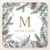 Winter Greenery Red Holiday Monogram Rechteckiger Pappuntersetzer (Vorderseite)