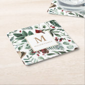 Winter Greenery Red Holiday Monogram Rechteckiger Pappuntersetzer (angewinkelt)