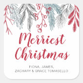 Winter Greenery Red Script Merriest Weihnachten Quadratischer Aufkleber (Vorderseite)