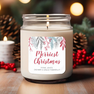 Winter Greenery Red Script Merriest Weihnachten Quadratischer Aufkleber