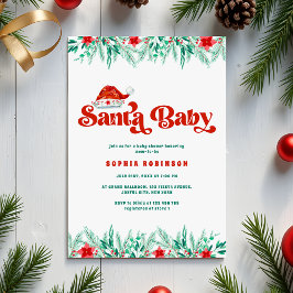 Winter Greenery Retro Script Santa Baby Dusche Einladung