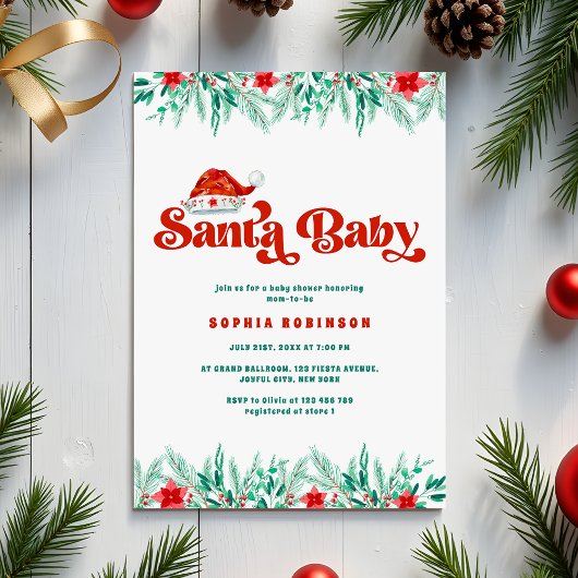 Winter Greenery Retro Script Santa Baby Dusche Einladung