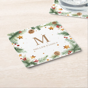Winter Greenery Stars Holiday Monogram Rechteckiger Pappuntersetzer