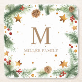 Winter Greenery Stars Holiday Monogram Rechteckiger Pappuntersetzer (Vorderseite)