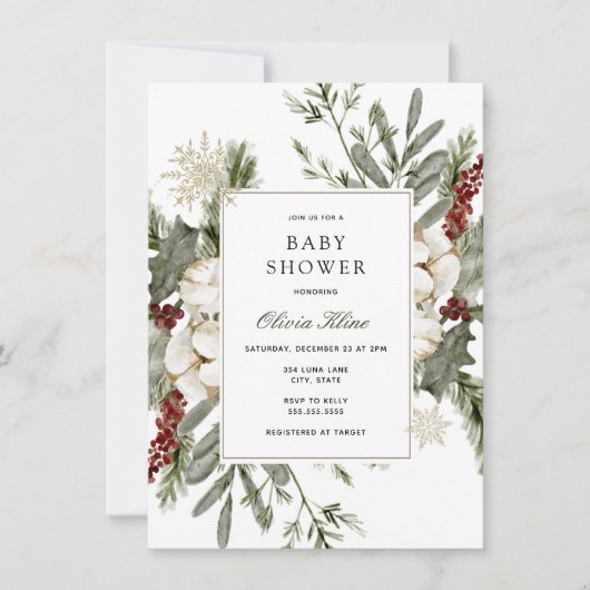 Winter Greenery und Florals Baby Dusche Einladung (Vorderseite)