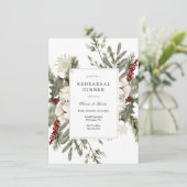 Winter Greenery und Florals Probe Dinner Einladung (Stehend Vorderseite)
