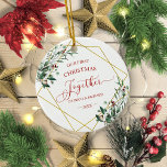 Winter Greenery Unser erstes Weihnachtsfest zusamm Keramik Ornament<br><div class="desc">Wintergrün Unser erstes Weihnachtsfest - Keramik Ornament</div>