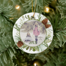 Winter Greenery Watercolor Doppelseitiges Foto Keramik Ornament