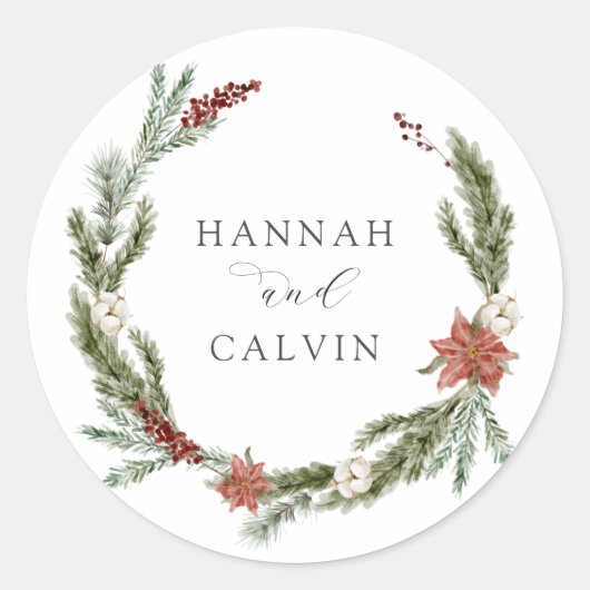 Winter Greenery Wedding Classic Round Sticker (Vorderseite)
