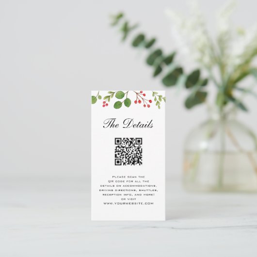 Winter Greenery Wedding Details Karte mit QR Code (Stehend Vorderseite)