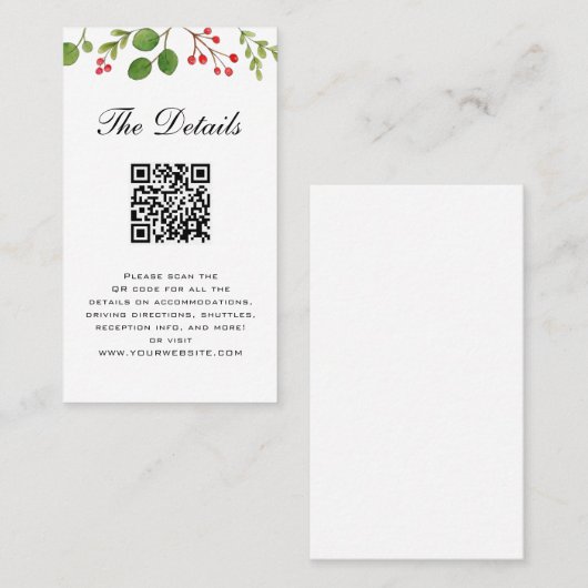 Winter Greenery Wedding Details Karte mit QR Code (Vorne/Hinten)