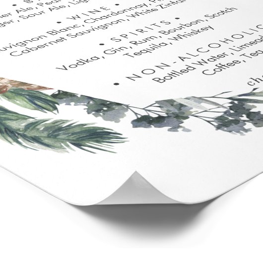 Winter Greenery Wedding Drinks Menü Zeichen Poster (Ecke)