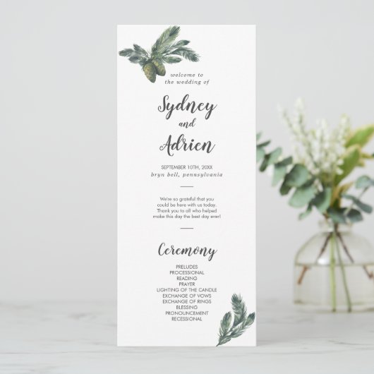 Winter Greenery Wedding Programm (Stehend Vorderseite)