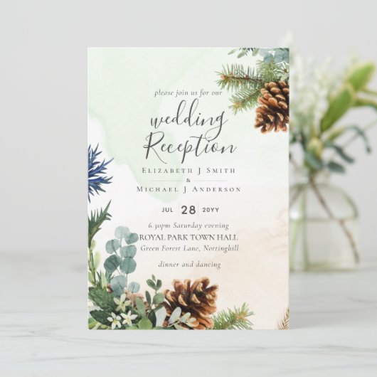 Winter Greenery Wedding RecEPTION Abend Einladung (Stehend Vorderseite)