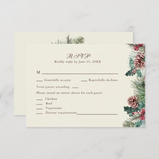 Winter Greenery Wedding RSVP Card Dankeskarte (Vorne/Hinten)