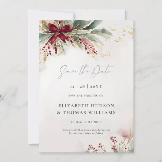 Winter Greenery Weihnachten Red Bow Wedding Save The Date (Vorderseite)