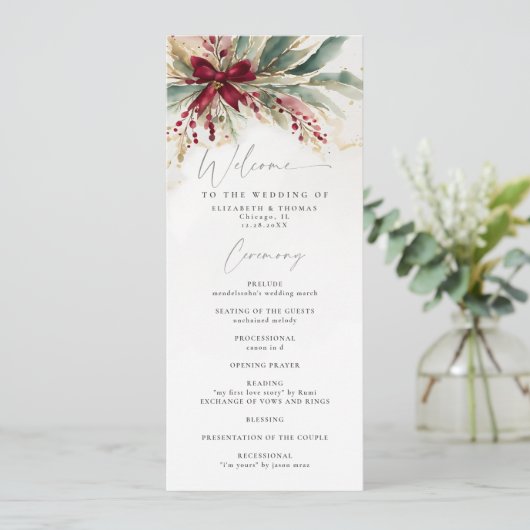 Winter Greenery Weihnachts Red Bow Wedding Program (Stehend Vorderseite)