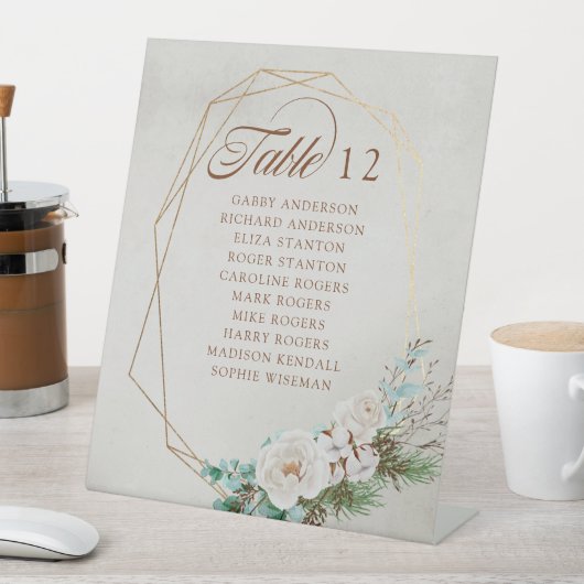 Winter Greenery White Rose Hochzeitstisch Sitzplat Sockelschild (In Situ)