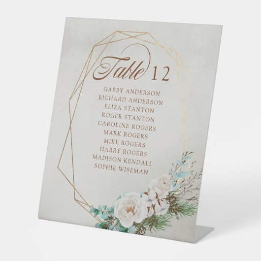 Winter Greenery White Rose Hochzeitstisch Sitzplat Sockelschild (Vorderseite)