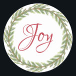Winter Greenery Wreath Christmas Joy Runder Aufkleber<br><div class="desc">Eleganter und moderner festlicher Umschlag Aufkleber oder Geschenkaufkleber für Weihnachten mit dem Text 'Joy' in roter Chic-Schrift-Kalligraphie und einem stilvollen Winterkranz auf weißem Hintergrund. Exklusiv für Sie entworfen von Happy Dolphin Studio. Wenn Sie Hilfe oder passende Produkte benötigen,  kontaktieren Sie uns bitte über unseren Chat!</div>