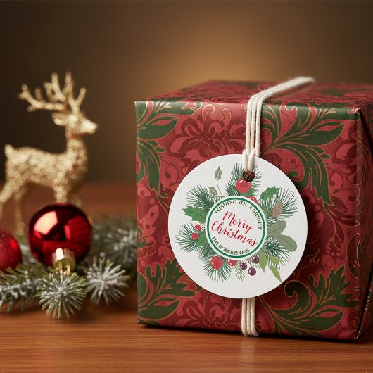 Winter Greenery Wreath Frohe Weihnachten Geschenkanhänger