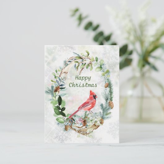 Winter Greenery Wreath Kardinal Bird Postkarte (Stehend Vorderseite)