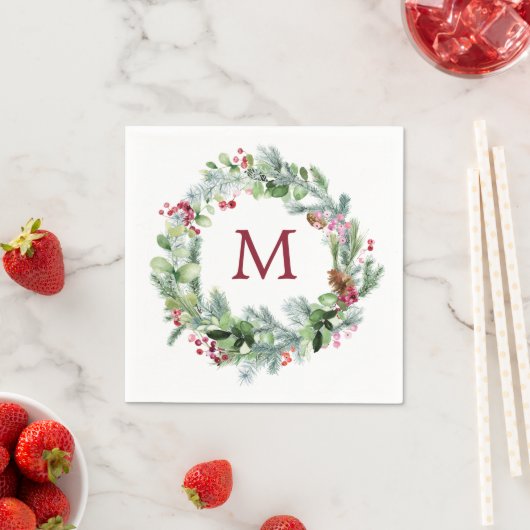 Winter Greenery Wreath Monogram Paper Serviette (Beispiel)
